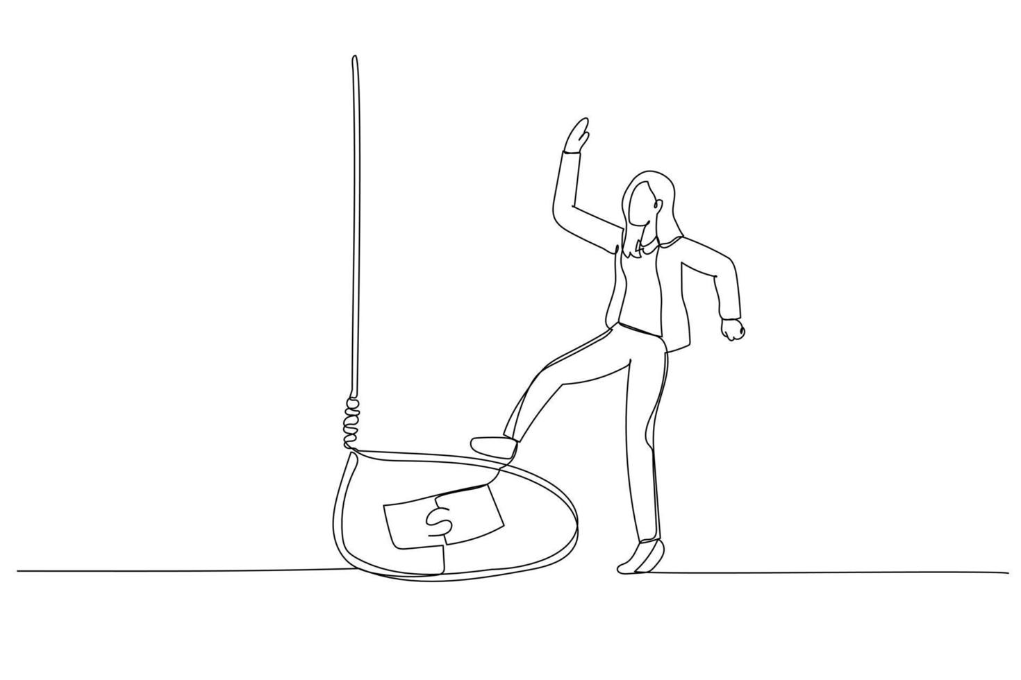 Illustration einer Geschäftsfrau, die mit Geldködern ausgetrickst wird, weil sie gierig ist. fortlaufende Strichzeichnungen vektor