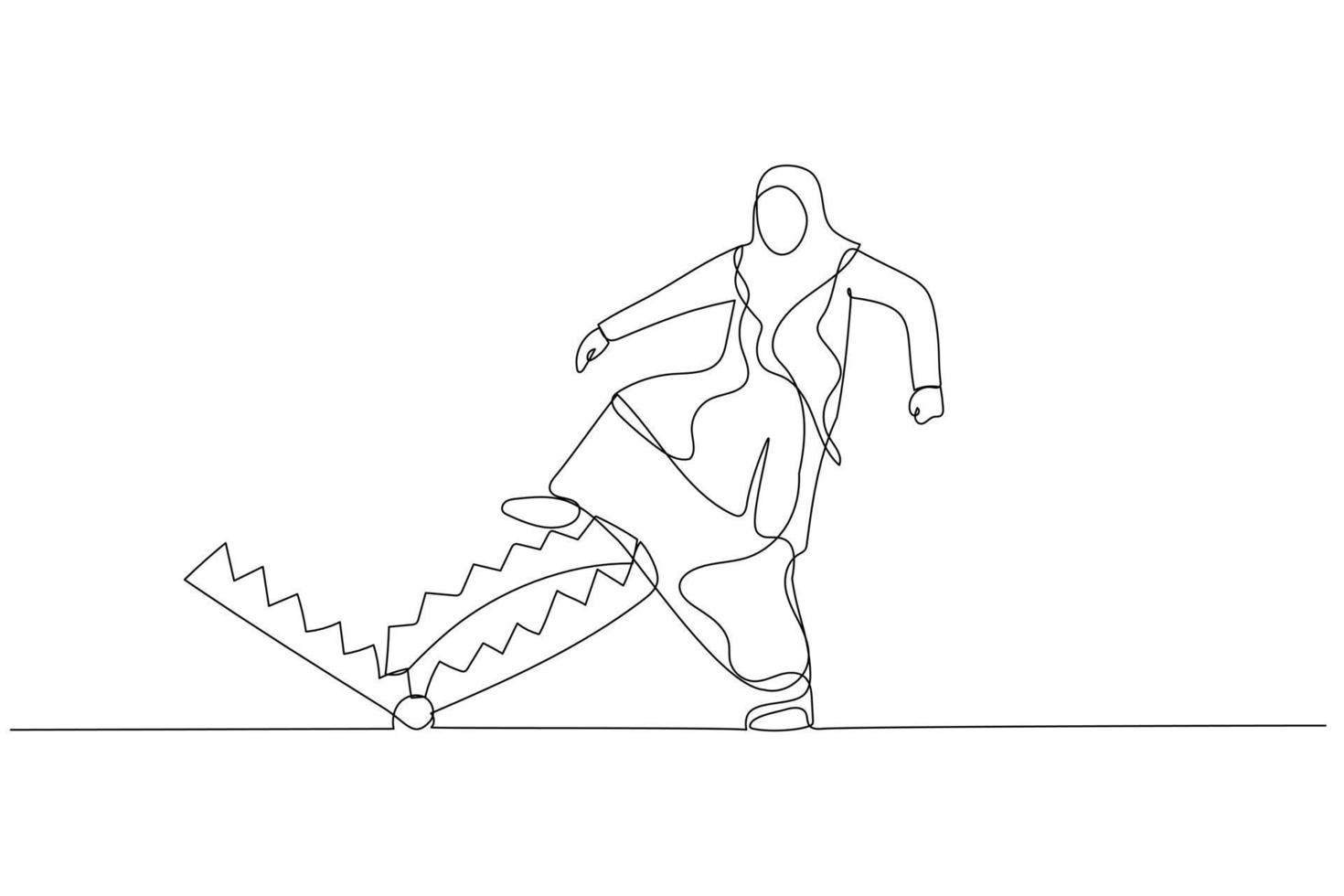 illustration av muslim företag kvinna försiktigt promenad in i mus fälla begrepp företag risk. enda kontinuerlig linje konst stil vektor