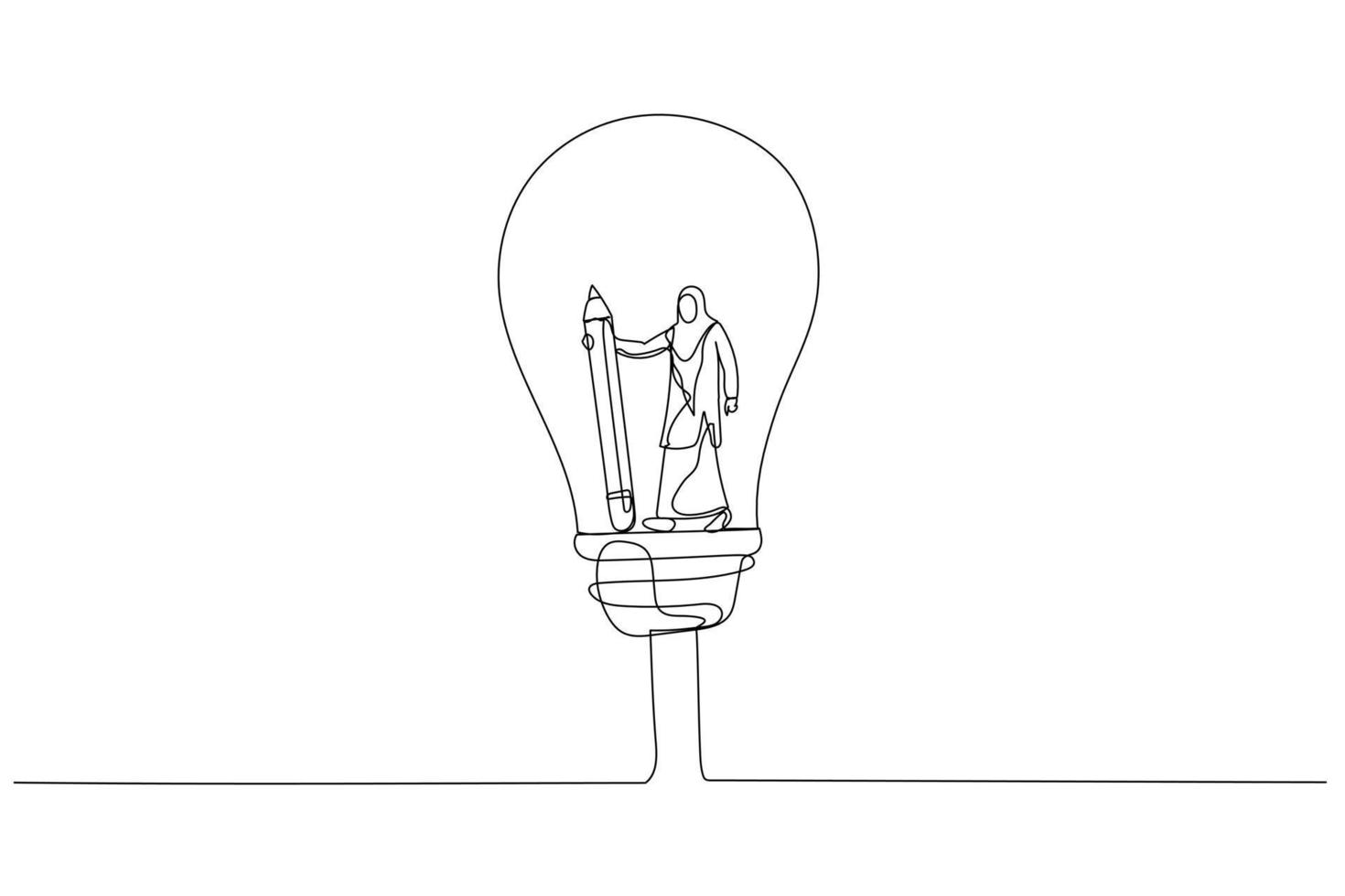 zeichnung einer muslimischen frau mit bleistift denken sie an die idee über das glühbirnenkonzept der erfindung der kreativen phantasielösung. einzeiliger Kunststil vektor