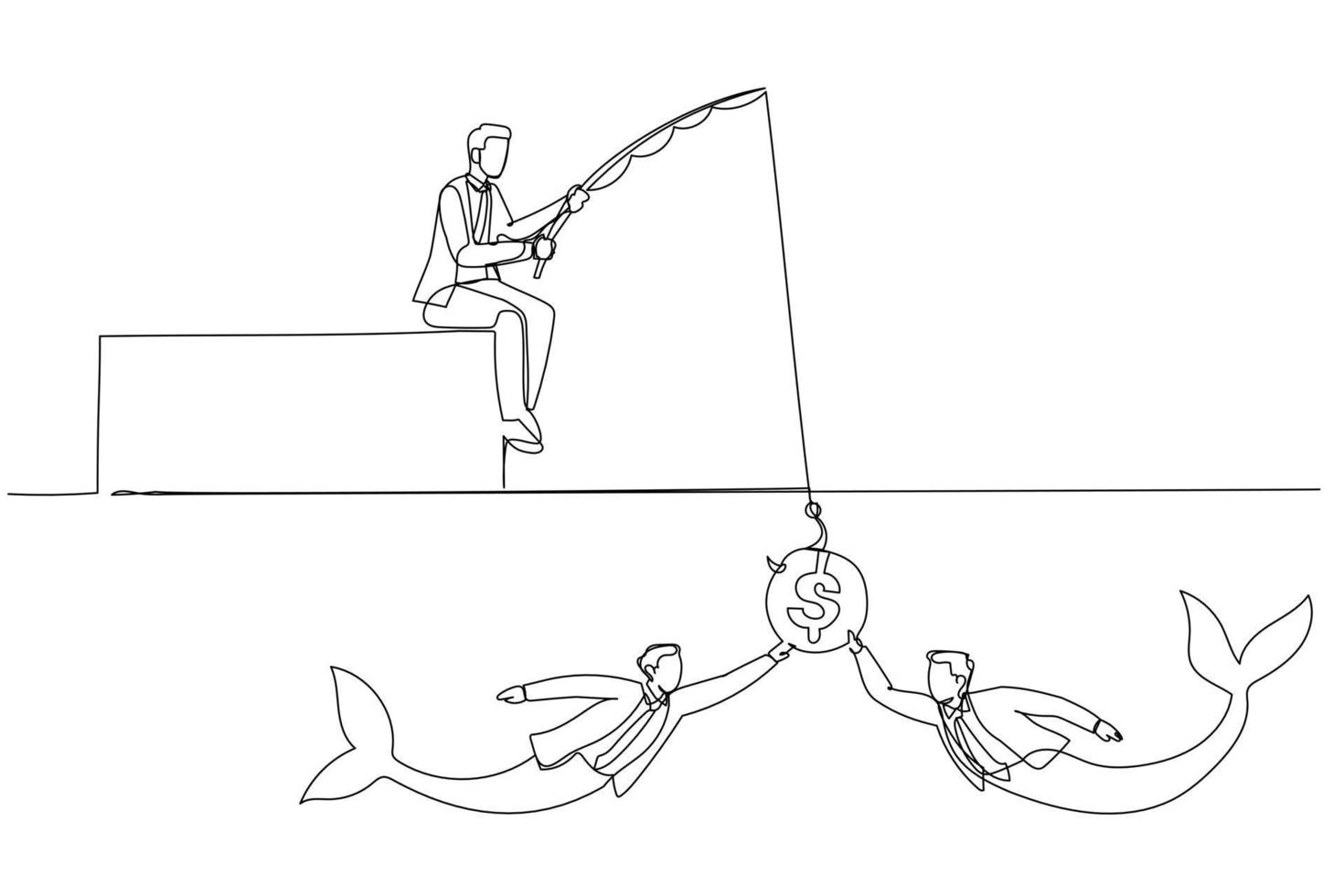 Karikatur des Geschäftsmannes, der Humanressourcen-Meerjungfrau-Mann-Konzept des Jagdtalents fischt. ein Kunststil mit durchgehender Linie vektor