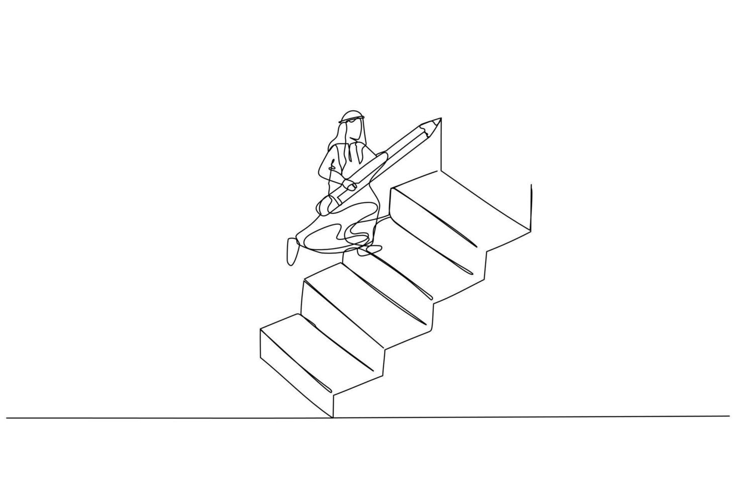 Zeichnung der Geschäftsfrau mit Bleistift, um eine große Treppe zu zeichnen, um zum Erfolgskonzept des Ehrgeizes aufzusteigen. Kunst im Stil einer Linie vektor