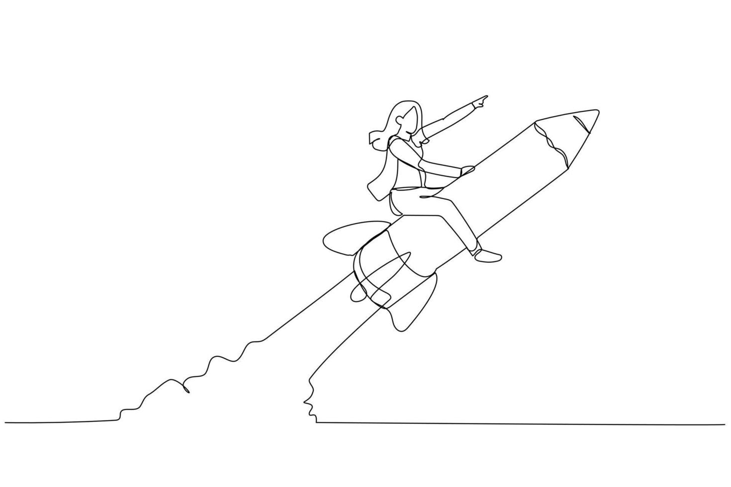 Karikatur der Geschäftsfrau, die eine Bleistiftrakete reitet, die im Himmelskonzept der Bildung fliegt. einzelne fortlaufende Strichzeichnungen vektor
