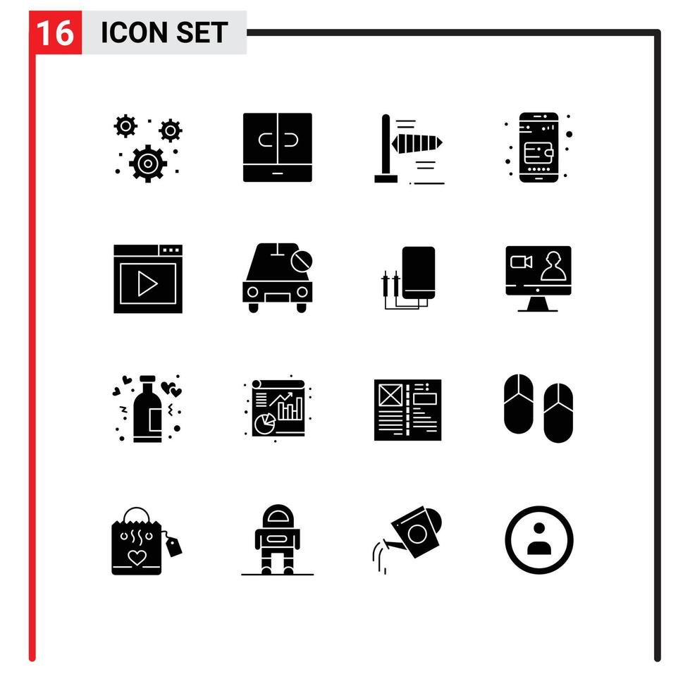 Packung mit 16 kreativen soliden Glyphen der Medienseitenschnittstelle Medienluftschnittstelle Online-Brieftasche editierbare Vektordesignelemente vektor