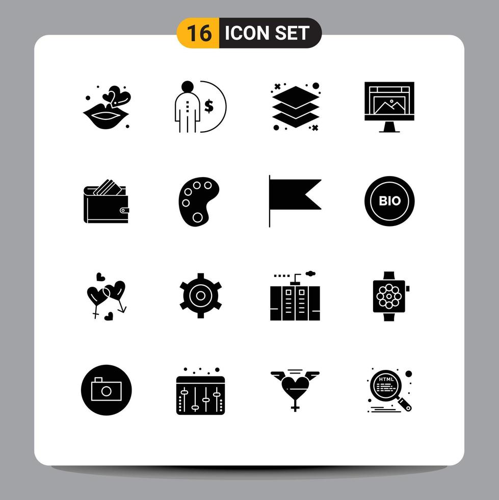 Packung mit 16 kreativen soliden Glyphen von Brieftaschenbild-Geld-Design-App-bearbeitbaren Vektordesign-Elementen vektor