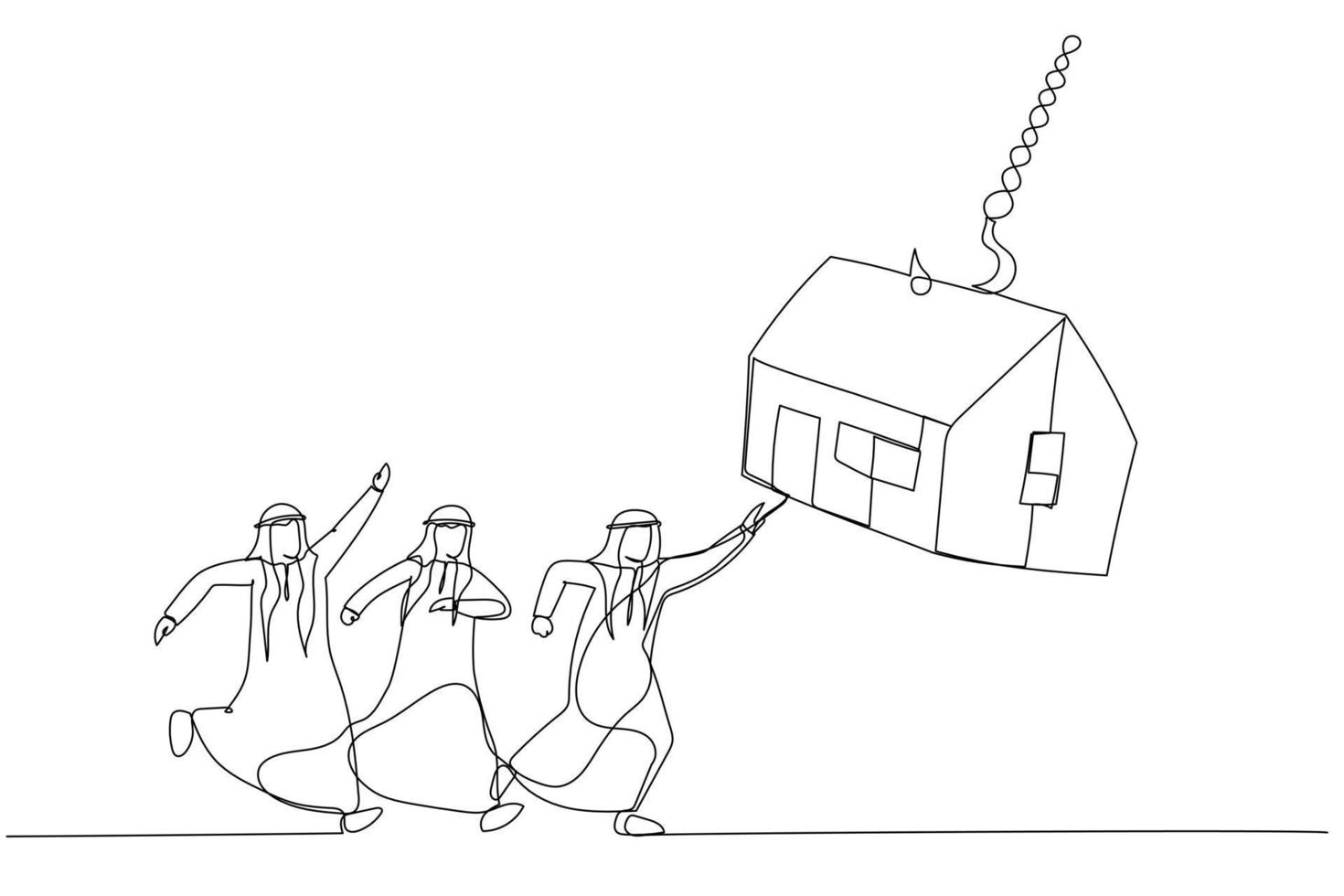 illustration einer gruppe arabischer geschäftsleute, die versuchen, hausköder an angelhaken zu bekommen. Kunst im Stil einer Linie vektor