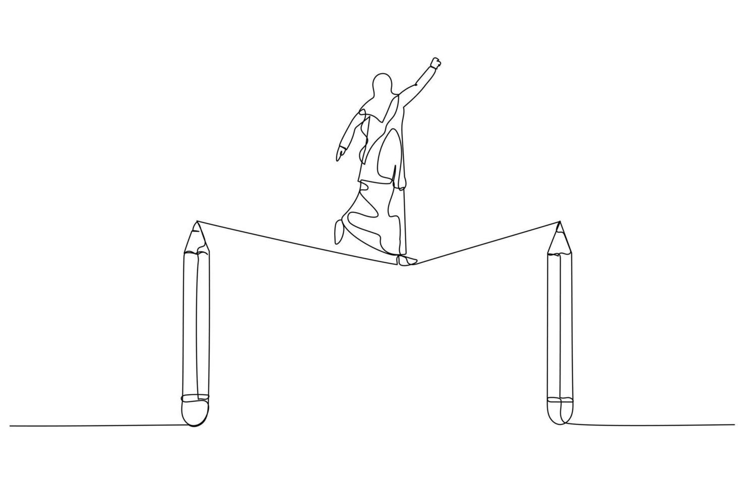karikatur einer muslimischen frau, die auf einem seil zwischen bleistiften konzept des kampfes in der kreativität geht. Einzeiliger Kunststil vektor