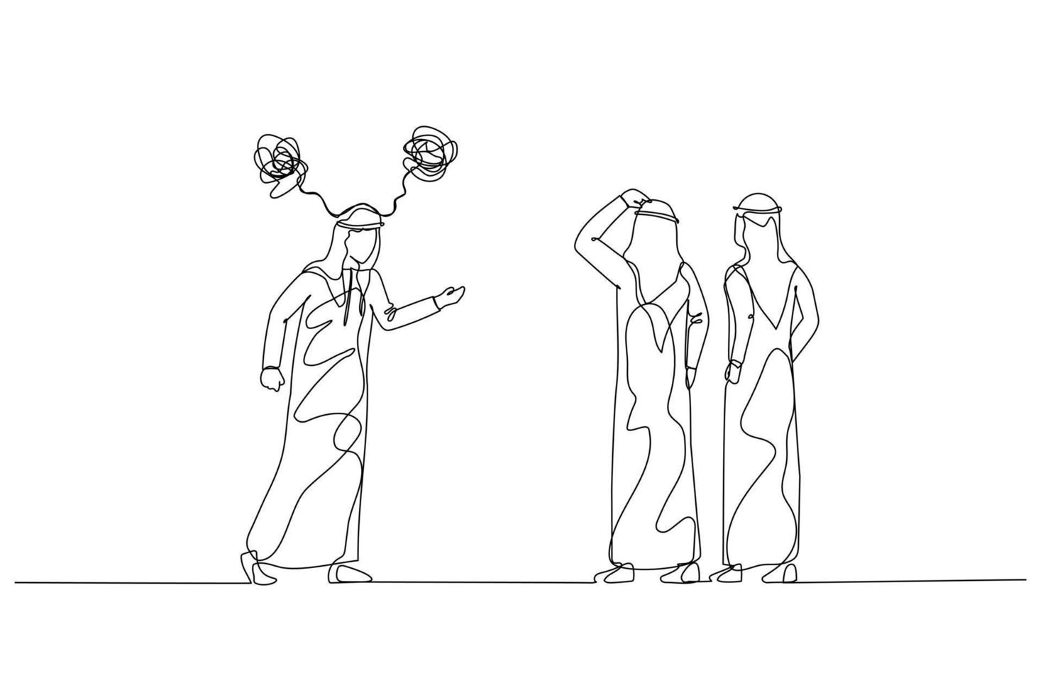 tecknad serie av arab man skaffa sig arg till lugna medarbetare liknelse av svår människor. kontinuerlig linje konst vektor