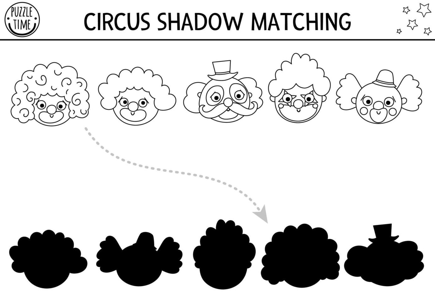 Zirkus-Schwarz-Weiß-Schatten-Matching-Aktivität mit niedlichen Clown-Gesichtern. Unterhaltungsshow Linienpuzzle. Finden Sie das richtige druckbare Arbeitsblatt oder Spiel. Unterhaltung Malseite vektor