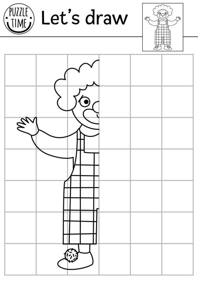 komplett de clown bild. vektor cirkus symmetrisk teckning öva arbetsblad. tryckbar svart och vit aktivitet för förskola ungar. kopia de bild underhållning festival tema spel