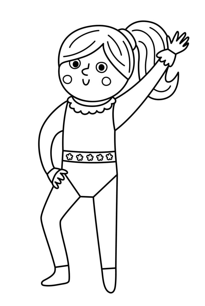 vektor svart och vit gymnast flicka. söt rolig akrobat. cirkus eller sport konstnär ClipArt. nöje Semester linje ikon. festival karaktär illustration eller färg sida