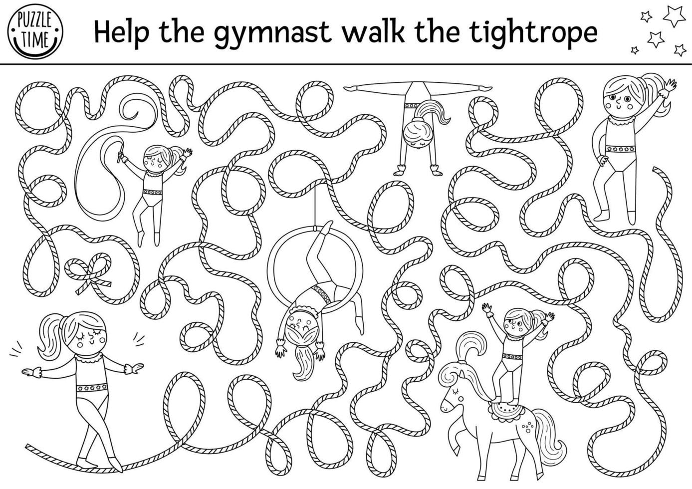 cirkus svart och vit labyrint för barn med gymnast gående de spänd lina. nöje visa förskola tryckbar linje aktivitet med söt akrobat flicka. underhållning labyrint färg sida vektor