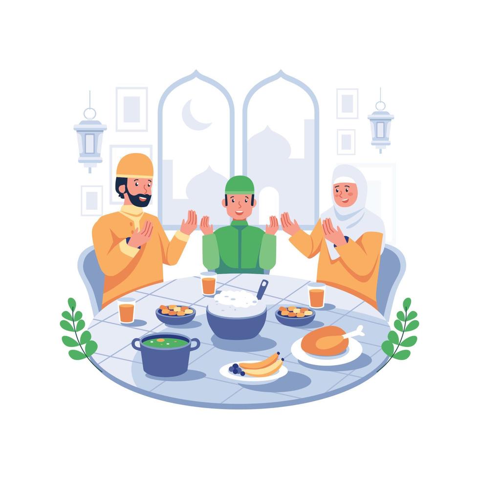 ramadan kareem illustration, livsstil av muslim människor i tecknad serie karaktär stil, platt illustration grafisk design vektor