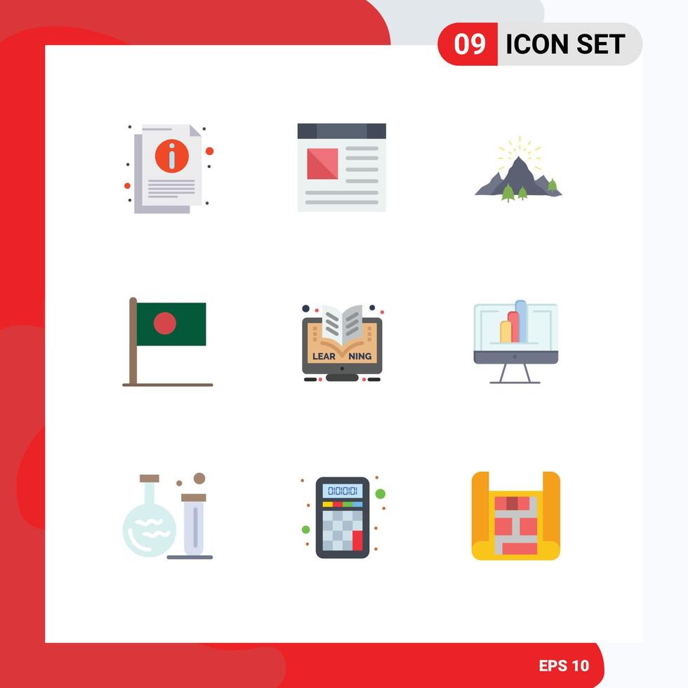 9 flaches Farbpaket der Benutzeroberfläche mit modernen Zeichen und Symbolen der Flagge Bangladesch Hill Bangla Feuerwerk editierbare Vektordesign-Elemente vektor