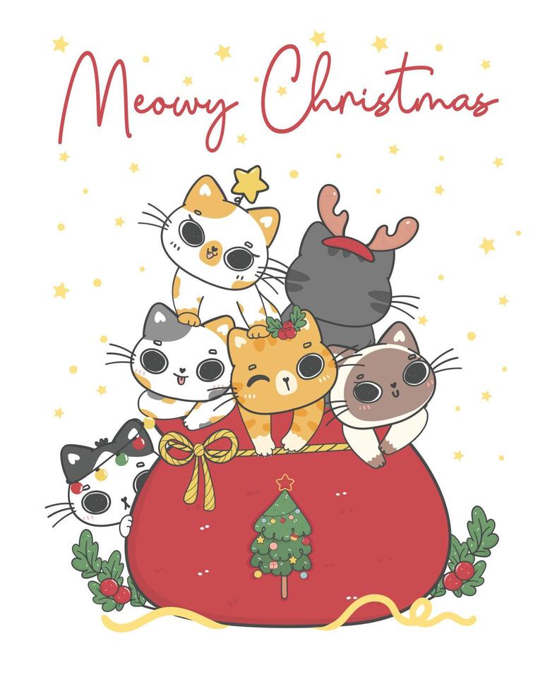 gruppe verschiedener rassen von niedlichen frechen kätzchenkatzenweihnachten in der roten santa-sacktasche, meowy weihnachten, entzückender freudiger karikaturtierhandzeichnungsvektor vektor