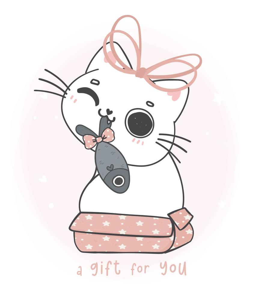 söt förtjusande Lycklig leende vit kattunge katt i rosa närvarande gåva låda med fisk, en gåva för du, söt tecknad serie djur- sällskapsdjur hand teckning vektor