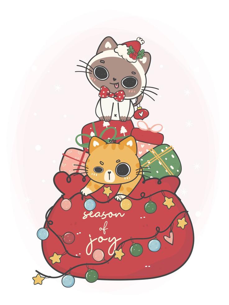 zwei niedliche freche kätzchenkatzen in weihnachtsroter tasche mit geschenkboxen, zeichentricktiercharakter handzeichnung gekritzelvektoridee für grußkarte vektor