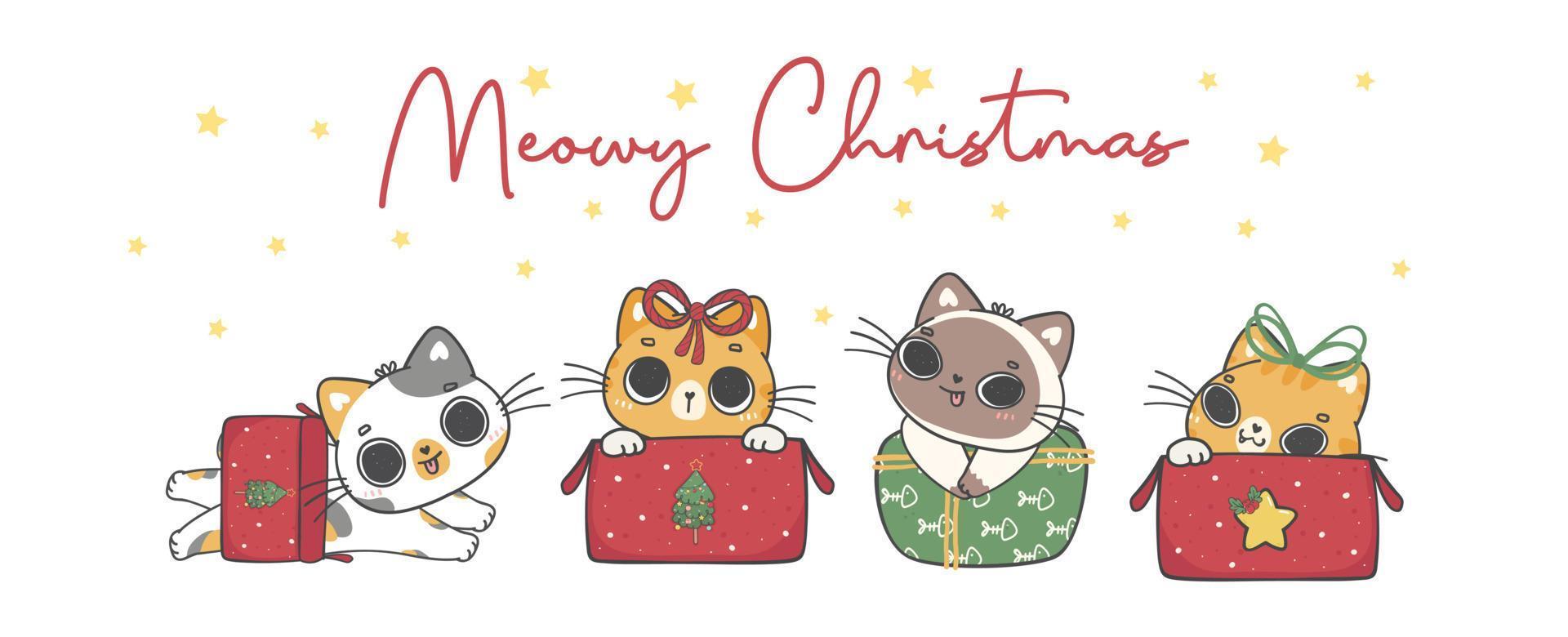 gruppe verschiedener rassen von niedlichen frechen kätzchen katzenweihnachten in geschenkgeschenkbox, meowy weihnachten, entzückender freudiger karikaturtierhandzeichnungsvektor vektor