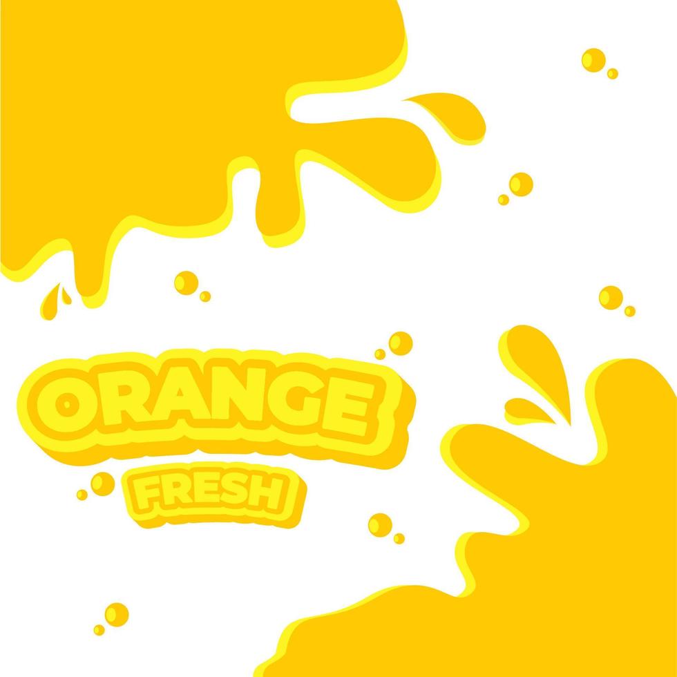 Frisches orangefarbenes Banner mit Zitrone, Spritzer, Tropfen auf gelbem Hintergrund für Branding, Logo, Vorlage, Etikett, Emblem und Shop, Verpackung, Verpackung und Werbung. Vektor