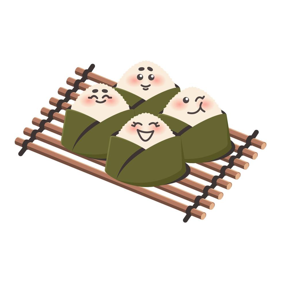 asiatisk mat onigiri. ris bollar med inte jag heller. rolig tecknad serie tecken med annorlunda känslor. klotter dragen vektor illustration för meny, affisch, flygblad, baner, matlagning begrepp
