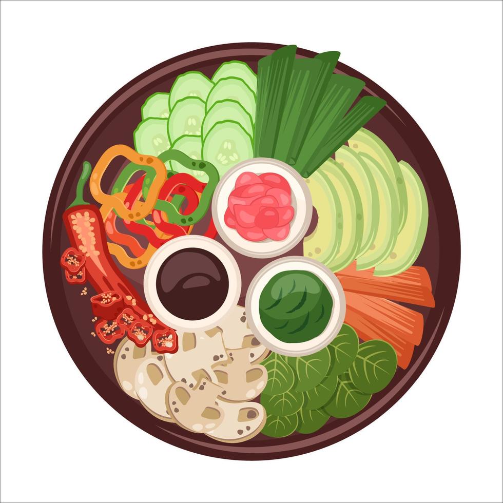 kinesiska, koreanska, japansk mat. nationell orientalisk maträtt närbild isolerat. asiatisk kök. vektor platt dragen illustration för restaurang maträtter, meny, affisch, flygblad, baner, leverans, matlagning begrepp