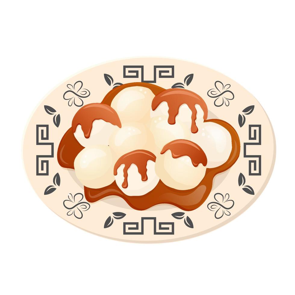 kinesisk efterrätt tangyuan. ris mjöl bollar i ljuv sirap. asiatisk mat. vektor platt dragen illustration för restaurang maträtter, meny, affisch, flygblad, baner, efterrätt, matlagning begrepp