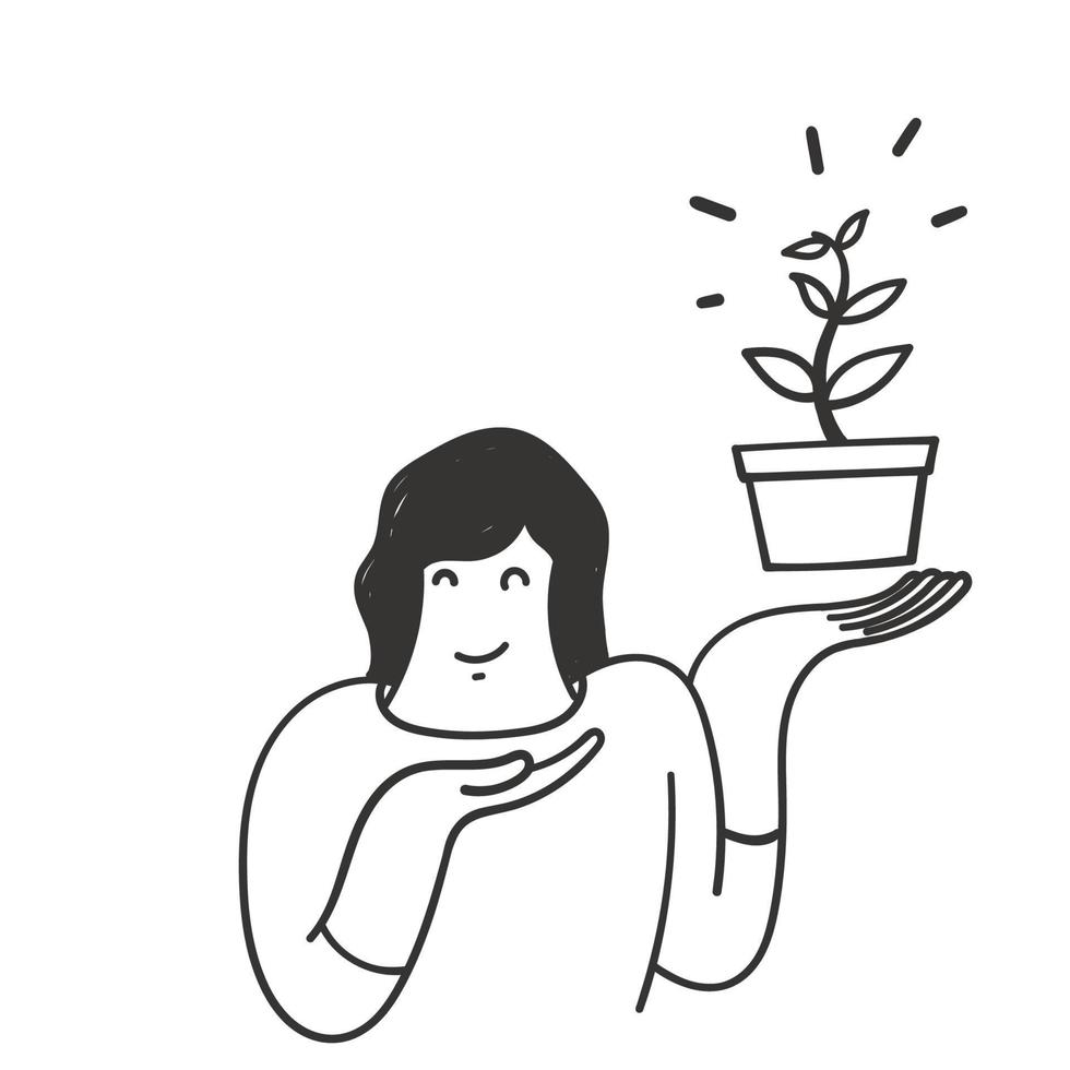 hand gezeichnete gekritzelfrau, die eine pflanze in einer topfillustration hält vektor