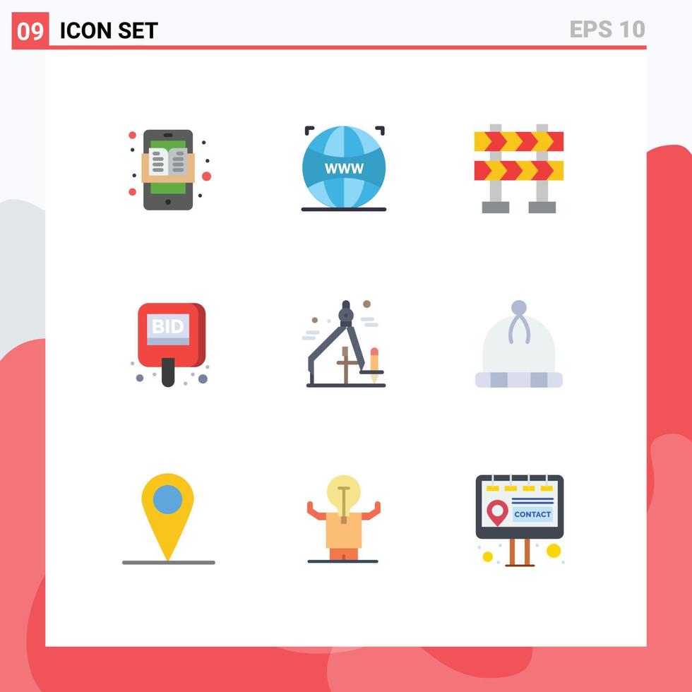 flacher farbsatz der mobilen schnittstelle mit 9 piktogrammen des designetiketten-webdesigns konkurrieren um die versteigerung editierbarer vektordesignelemente vektor