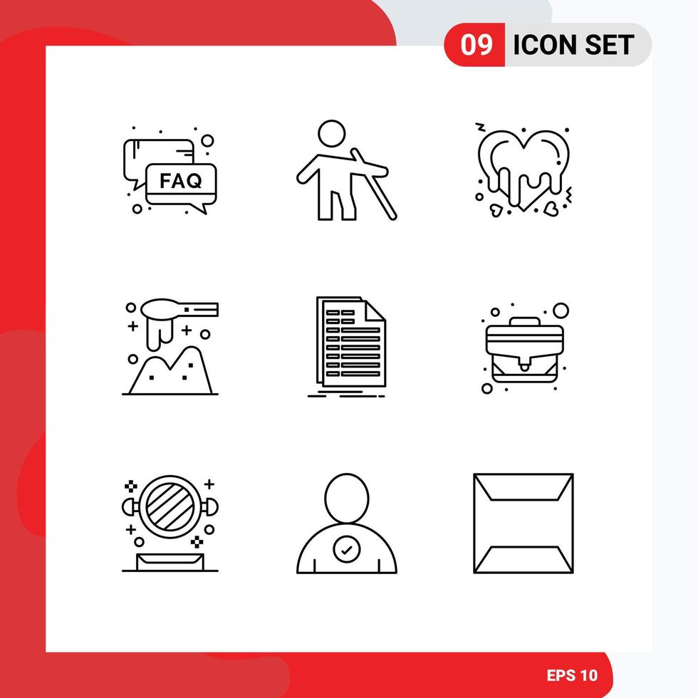 Stock Vector Icon Pack mit 9 Zeilen Zeichen und Symbolen für Rechnung Löffel Stick Scoop Romantik editierbare Vektordesign-Elemente