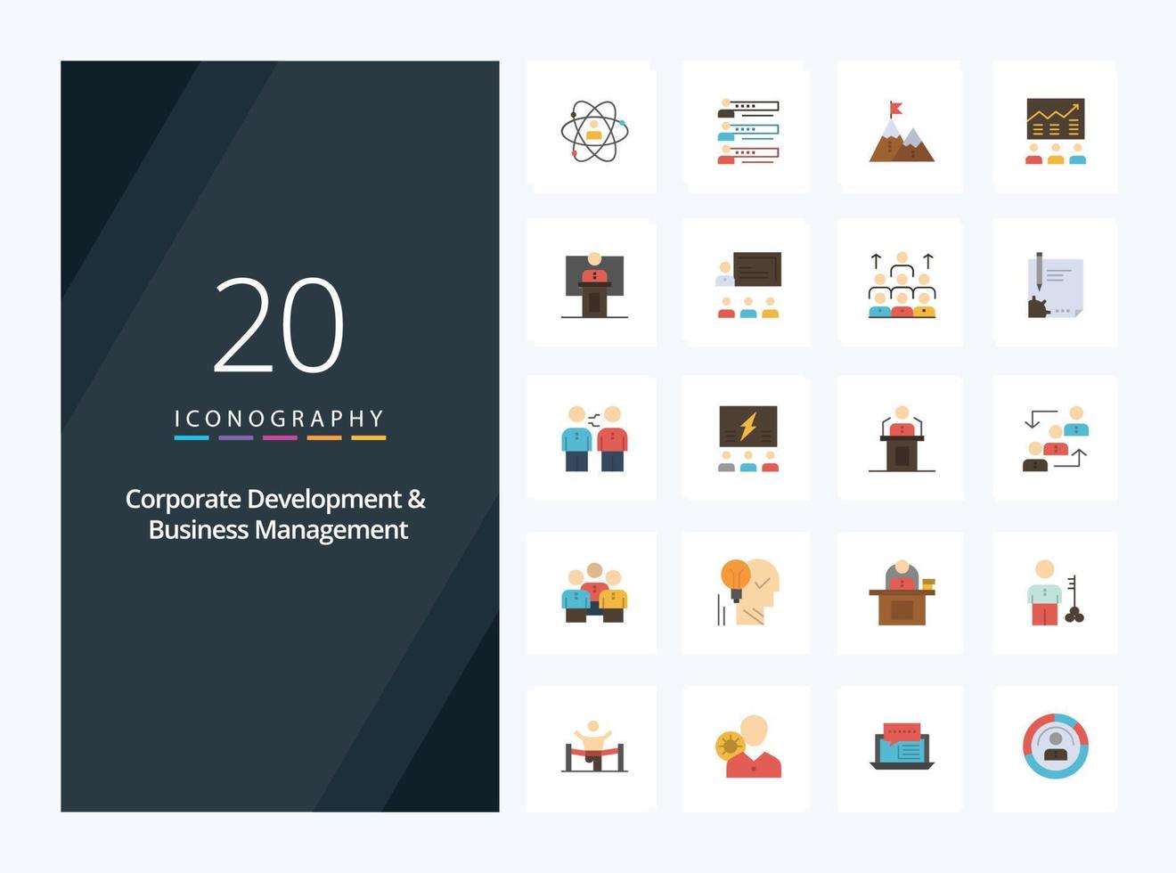 20 företags- utveckling och företag förvaltning platt Färg ikon för presentation vektor