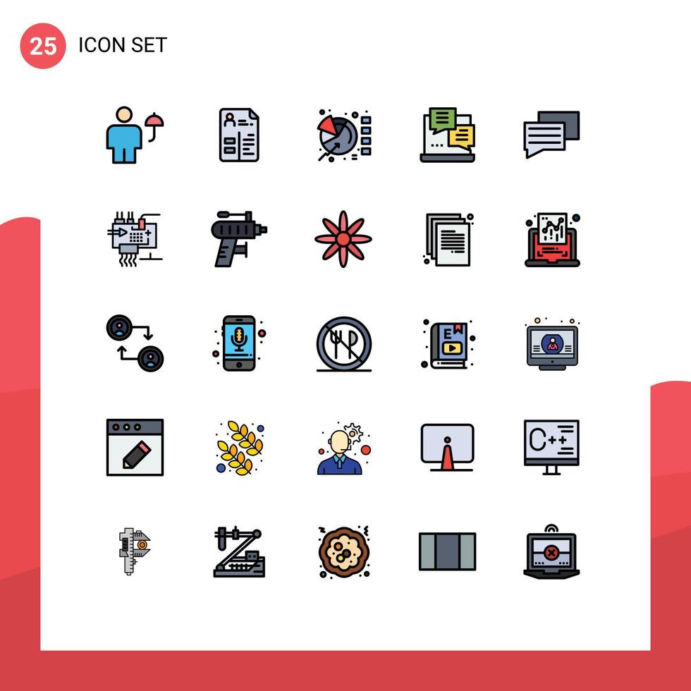 uppsättning av 25 vektor fylld linje platt färger på rutnät för chatt manus portfölj internet statistik redigerbar vektor design element