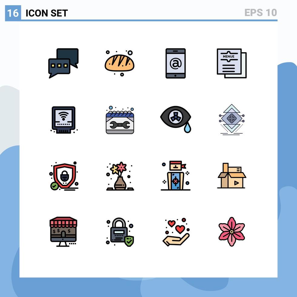 mobil gränssnitt platt Färg fylld linje uppsättning av 16 piktogram av rörmokare detektor multimedia restaurang mat redigerbar kreativ vektor design element