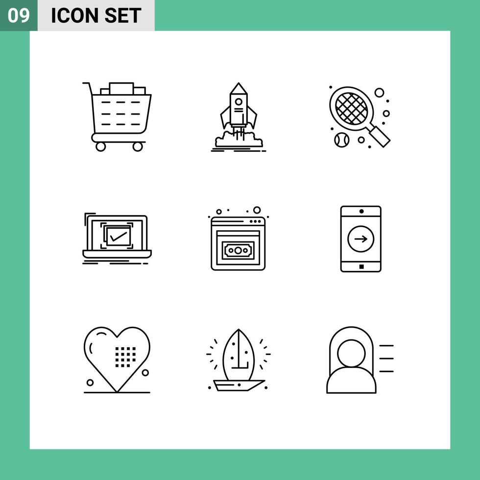 Mobile Interface Gliederungssatz von 9 Piktogrammen des Unternehmertums ok Schläger gute Überwachung editierbare Vektordesign-Elemente vektor
