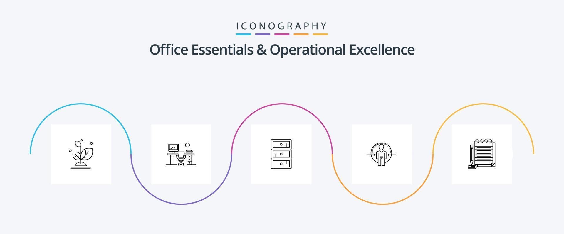 Office Essentials und Operational Excellence Line 5 Icon Pack inklusive Identität. Anmeldung. Zimmer. Benutzer. Schrank vektor