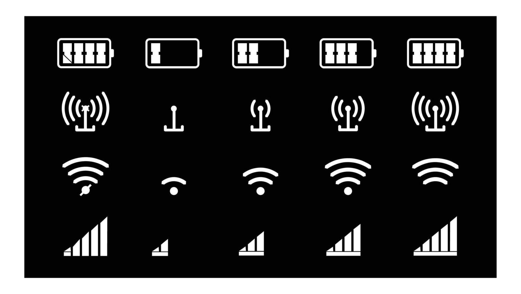 Wi-Fi-Signal-Icon-Set, mobile Signalpegel-Icon-Vektor-Illustration. Ladezustand des Smartphone-Akkus, Symbol für WLAN-Signalstärke und Netzwerkverbindungspegel vektor