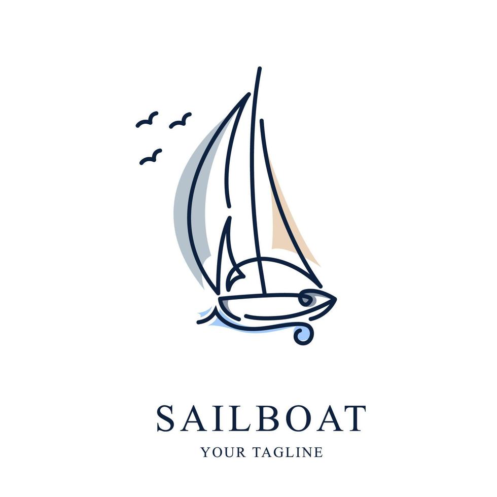 einfaches segelboot dhau-bootsschiff auf meeresozeanwelle mit linienkunststil-logo-design vektor