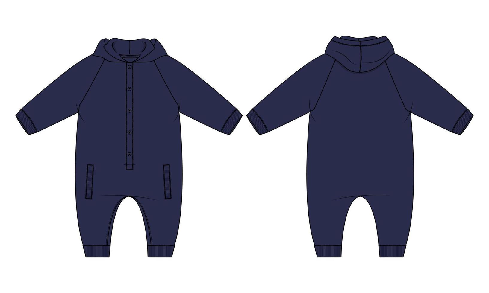 Langarm-Bodysuit Hoodie Strampler technische Modeskizze Vektor Modevorlage für Kinder.