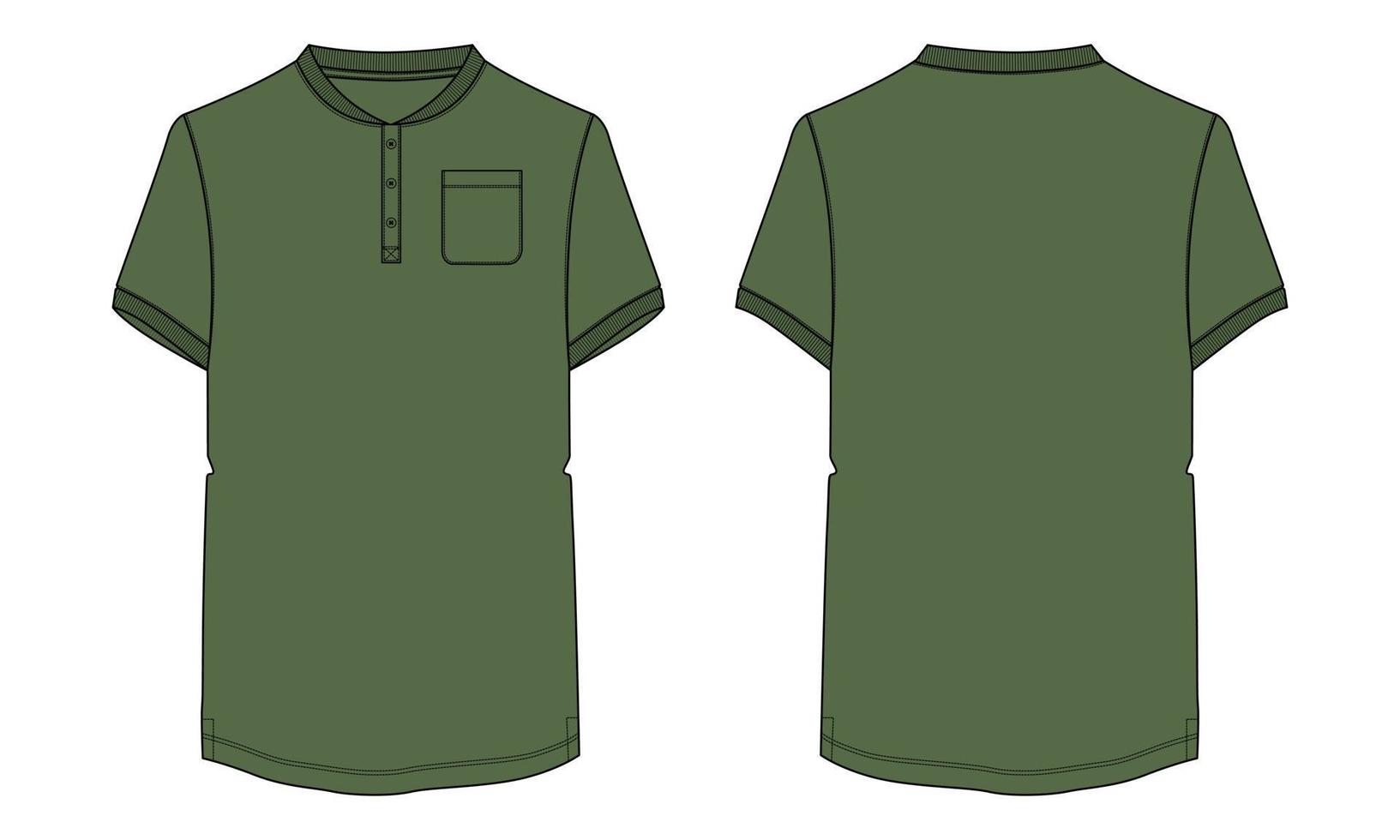 T-Shirt mit normaler Passform und kurzen Ärmeln, technisch mit Bruststreifen und Tasche, modische flache Skizzenvorlage, Vorder- und Rückansicht. vektor