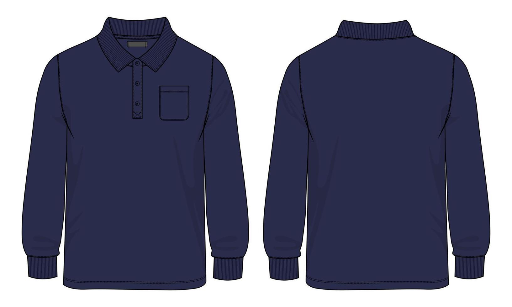 langärmliges poloshirt mit tasche technische mode flache skizzenvektorillustrationsvorlage vorder- und rückansichten. vektor