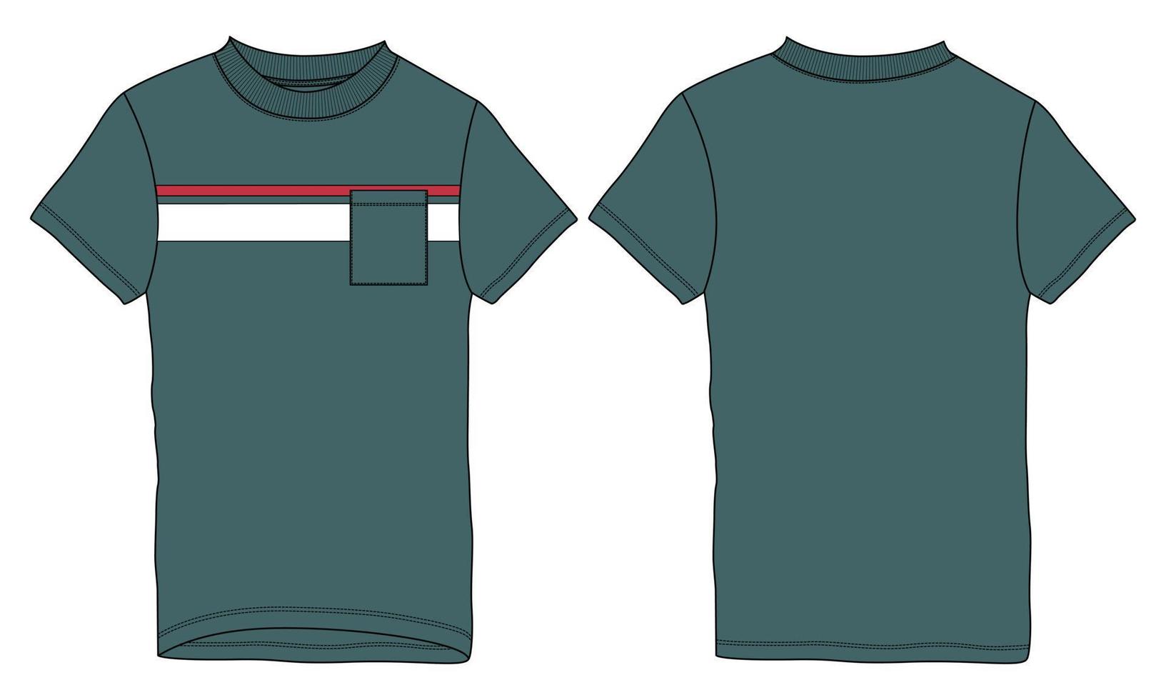 T-Shirt mit normaler Passform und kurzen Ärmeln, technisch mit Bruststreifen und Tasche, modische flache Skizzenvorlage, Vorder- und Rückansicht. vektor