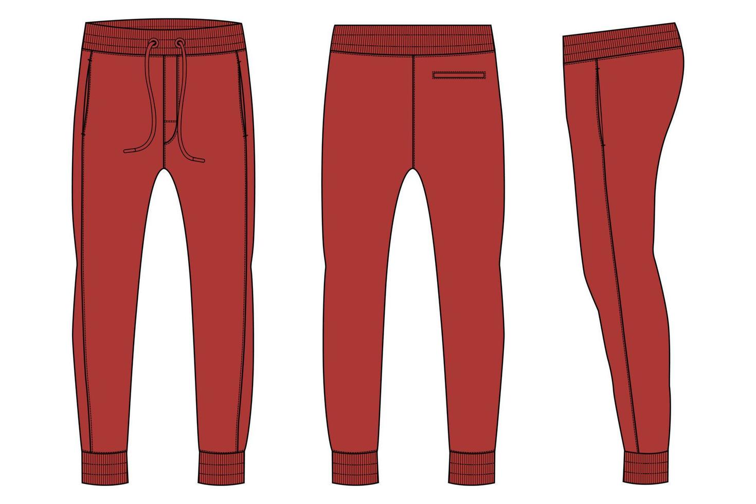 Fleece-Stoff Jogger Jogginghose technische Mode flache Skizze Vektor Illustration Vorlage Vorder- und Rückansicht.