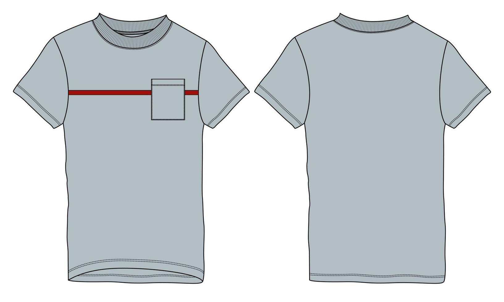 kurze ärmel mit tasche t-shirt technische mode flache skizze vektor illustration vorlage vorder- und rückansichten.