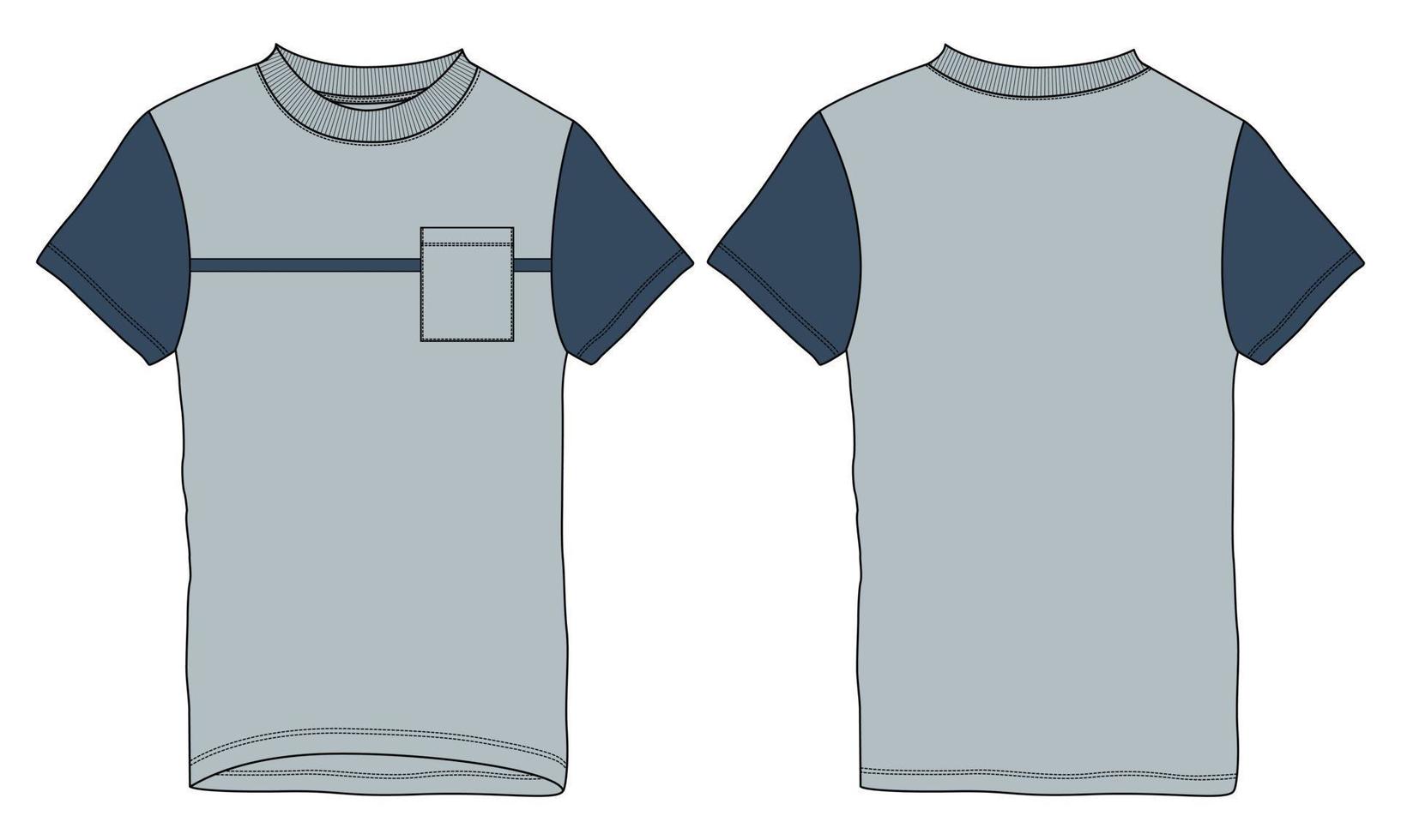 kurze ärmel mit tasche t-shirt technische mode flache skizze vektor illustration vorlage vorder- und rückansichten.