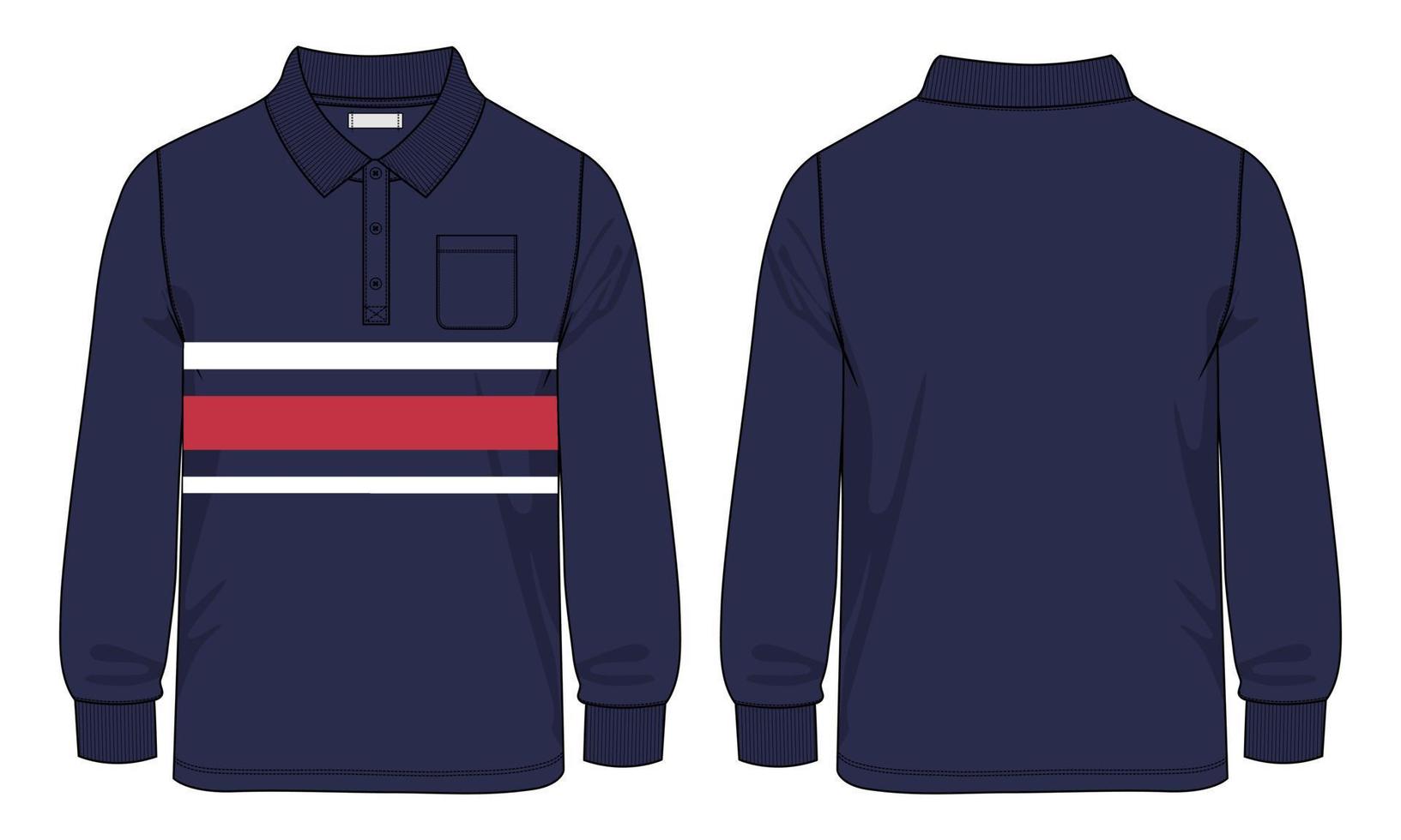 langärmliges poloshirt mit tasche technische mode flache skizzenvektorillustrationsvorlage vorder- und rückansichten. vektor