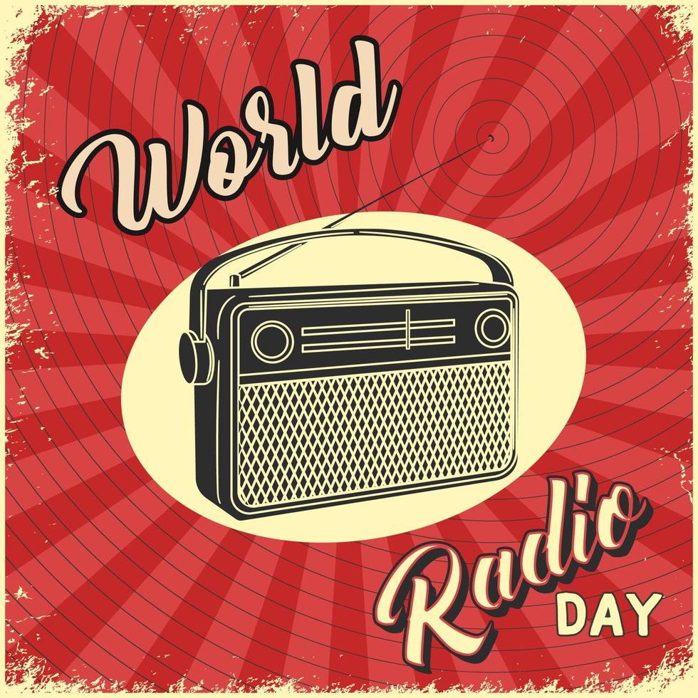 Weltradiotag Hintergrund im Vintage-Stil mit Grunge-Texturen und Radioillustration vektor