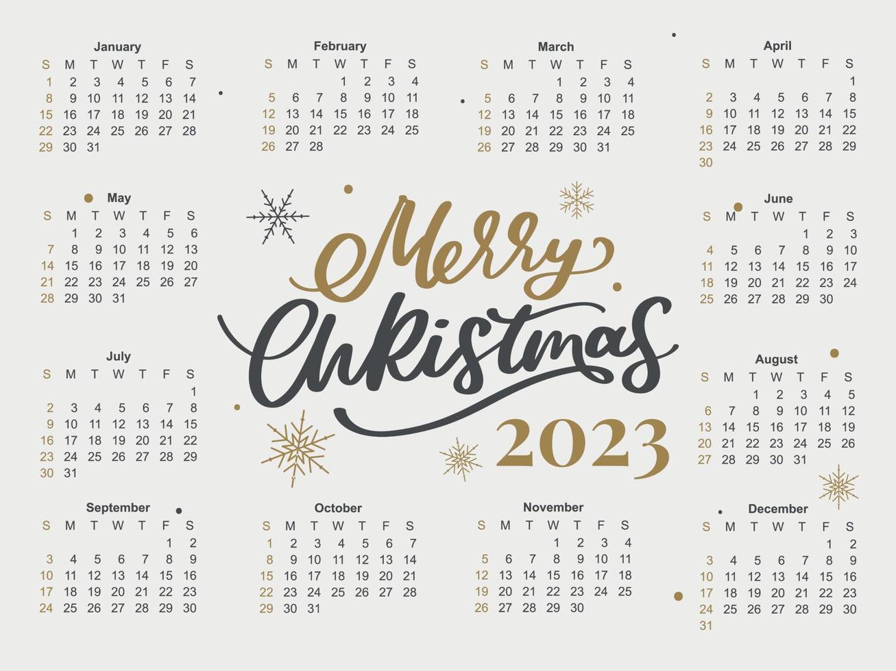 2023 Kalenderjahr-Vektorillustration. die Woche beginnt am Sonntag. Weihnachten Schneeflocken Kalender 2023 Vorlage. Kalenderdesign Sonntag in roten Farben. Vektor