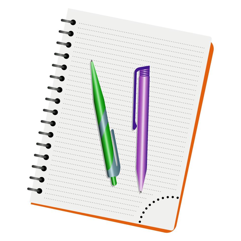 Notizbuch, grüner Stift und lila Stift auf weißem Hintergrund vektor