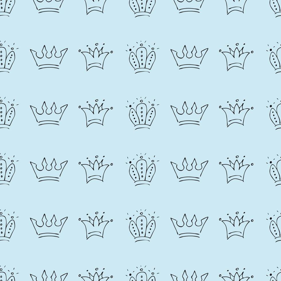 handgezeichnete Kronen. nahtloses muster einfacher graffiti-skizzenkönigin oder königskronen. Königliche Kaiserkrönung und Monarchsymbole. schwarzes Pinselgekritzel isoliert auf blauem Hintergrund. Vektor-Illustration. vektor