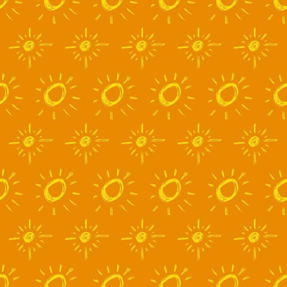 hand dragen Sol. sömlös mönster av enkel skiss solens. sol- symbol. gul klotter isolerat på gul bakgrund. vektor illustration.