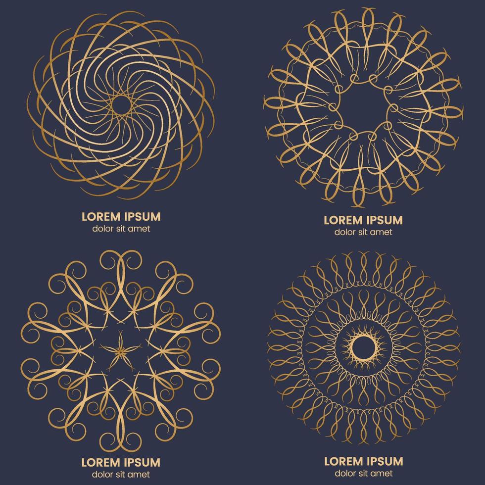 uppsättning av fyra årgång geometrisk cirkulär element. vektor guld monogram på mörk blå bakgrund. vektor illustration