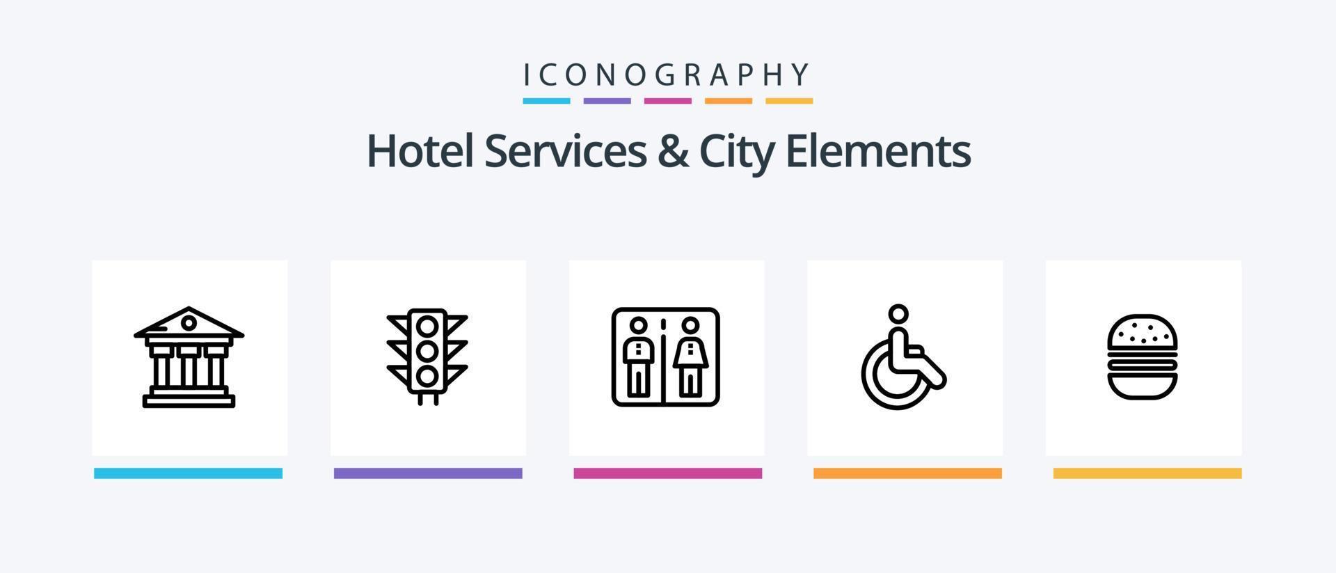 hotelservices und city elements line 5 icon pack inklusive transport. Platte. Bank . Knie . Hotel. kreatives Symboldesign vektor